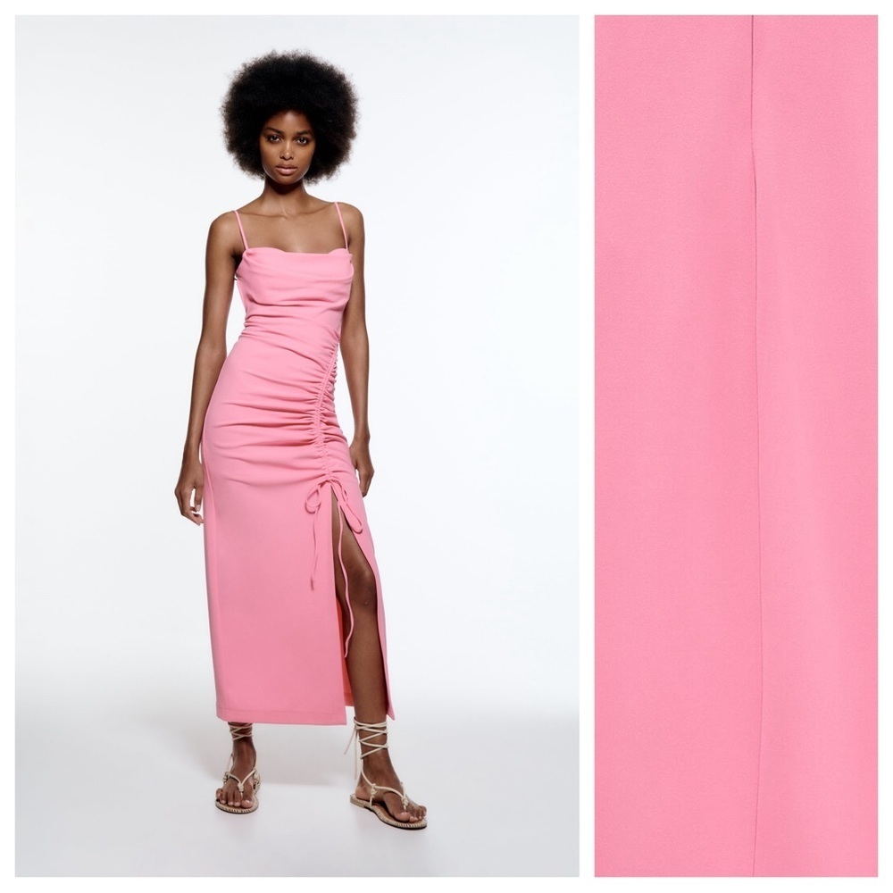 NWT. Zara Bubblegum Pink Draped Fitted Midi Dress. Size S.